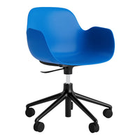 Blue molded plastic chair with black five-point base and wheels, featuring a smooth, modern design.