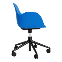 Modern blue swivel chair with a smooth finish and a black five-point base, perfect for home or office use.