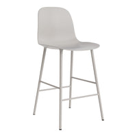 Modern gray bar stool with a sleek, simple design and a matte finish, set on white metal legs. Ideal for contemporary spaces.