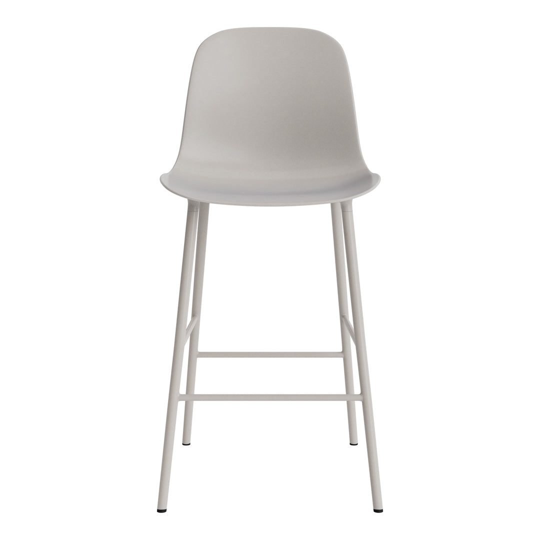 Light gray modern bar stool with a smooth, minimalist design and white metal legs. Perfect for contemporary spaces.
