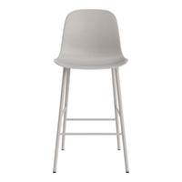 Light gray modern bar stool with a smooth, minimalist design and white metal legs. Perfect for contemporary spaces.