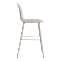 "Minimalist gray bar stool with smooth curves and sleek metal legs, perfect for modern decor."