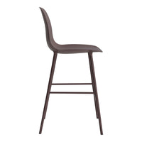 Modern brown bar stool with a sleek, minimalist design and subtle curves, featuring a contrasting dark frame.