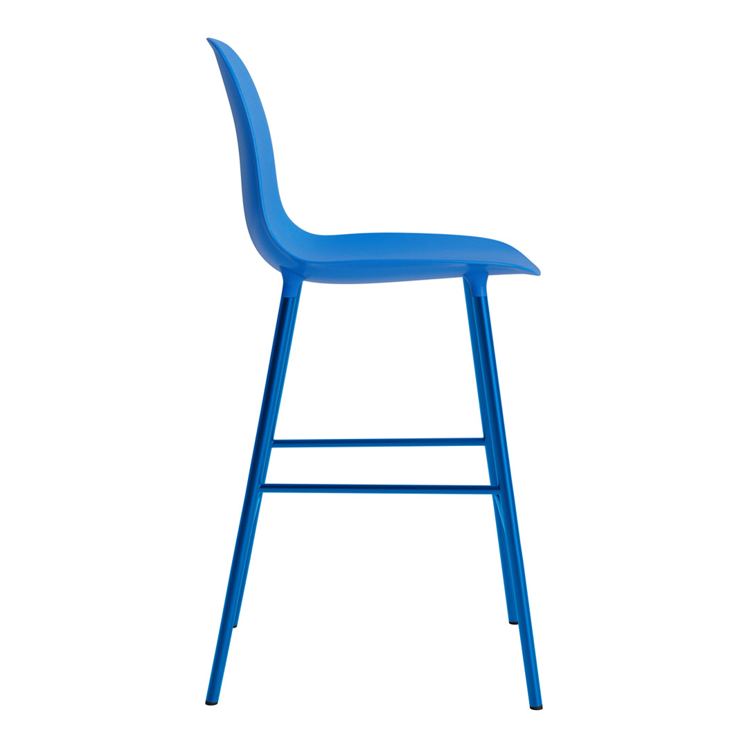 Blue modern bar stool with a sleek design and minimalistic pattern, perfect for contemporary decor.