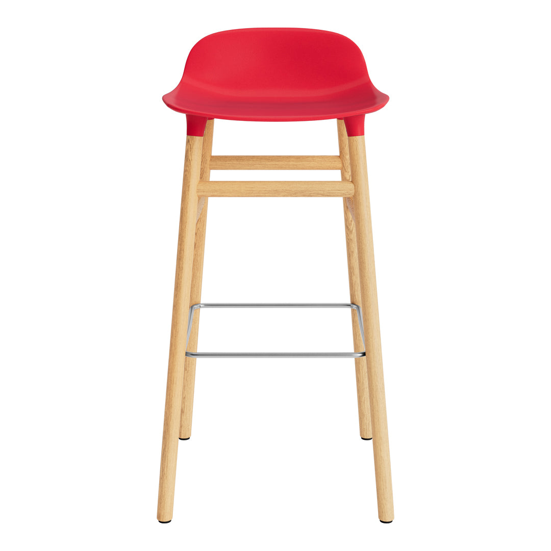 Red high chair with a smooth seat and natural wood legs featuring a stainless steel footrest. Modern and stylish design.
