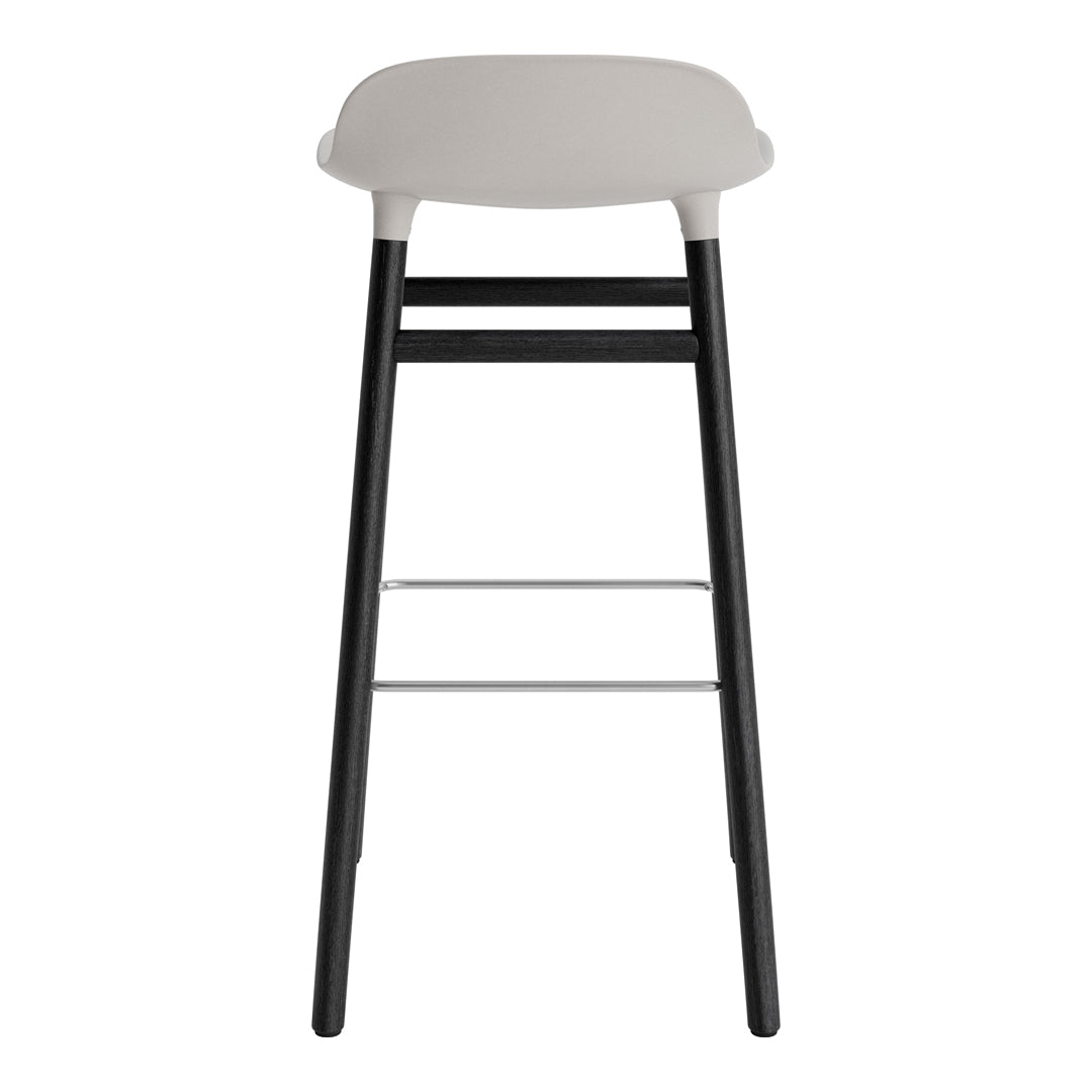 Stylish bar stool featuring a light gray seat and sleek black legs with minimalist design. Perfect for modern decor.