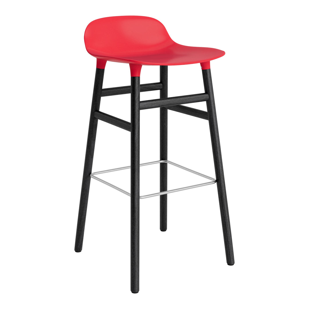 Red plastic seat with black legs and silver footrest, featuring a modern minimalist design.