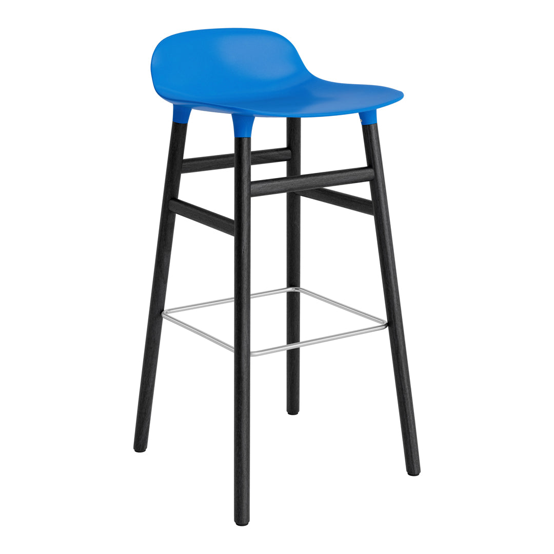 Blue bar stool with a sleek plastic seat and a matte black metal frame, featuring a minimalist design.