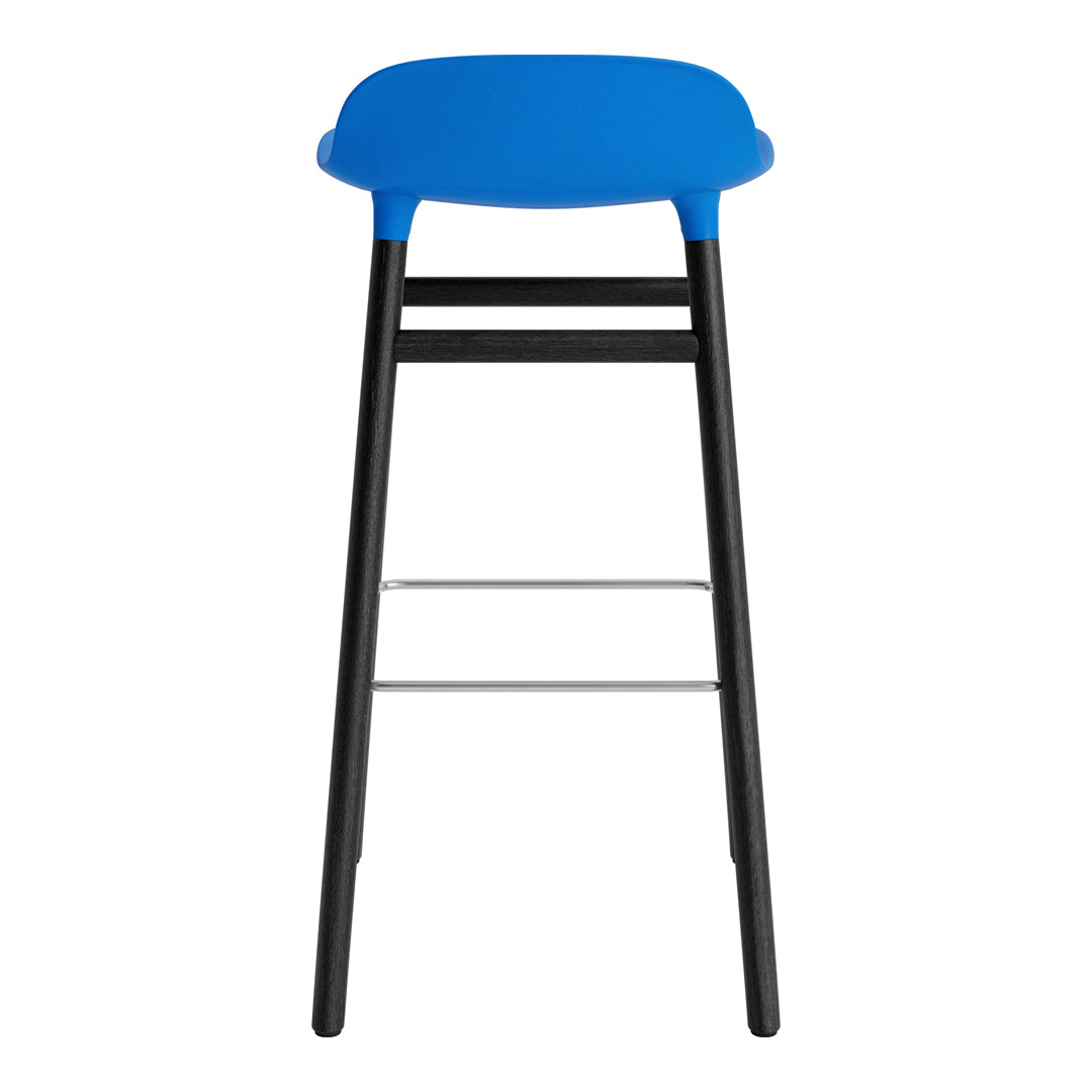 Blue seat bar stool with a sleek black frame and silver footrest, featuring a modern minimalist design.