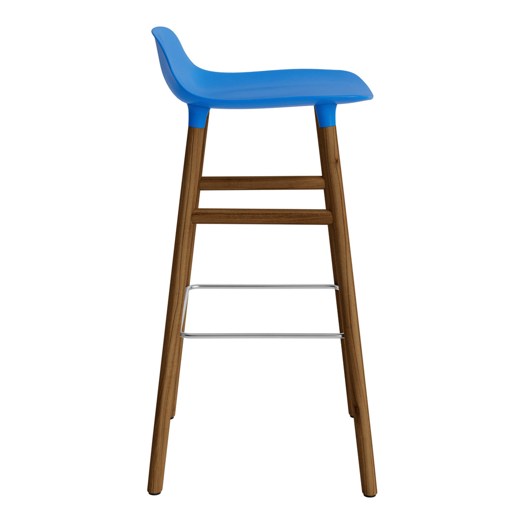 Blue plastic seat barstool with natural wood legs and a chrome footrest, adding modern flair to any space.