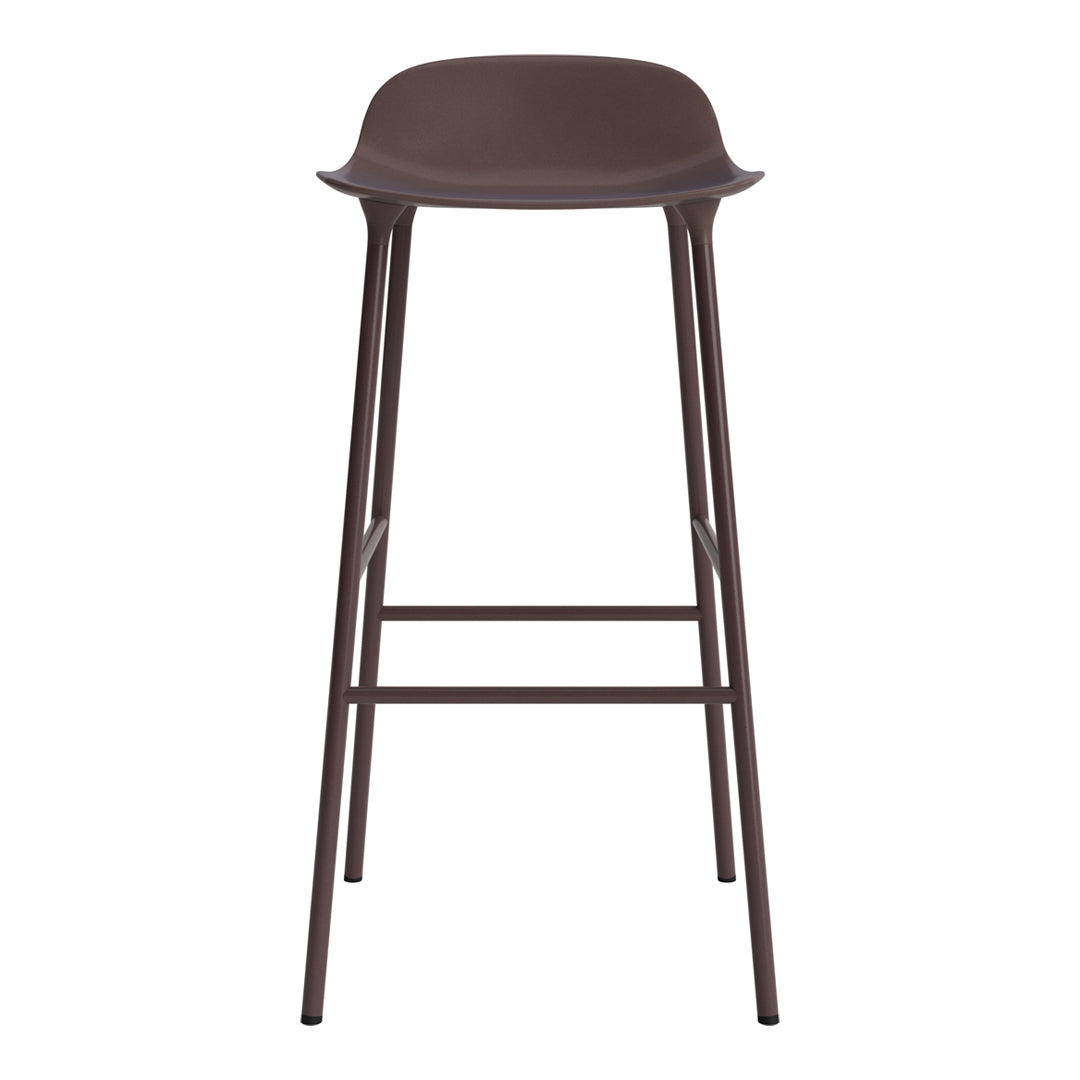 Brown bar stool with a smooth, curved seat and slender legs, featuring a minimalist design.