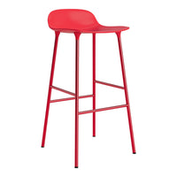 Bright red bar stool with a smooth, curved seat and sleek metal legs. Ideal for modern decor.