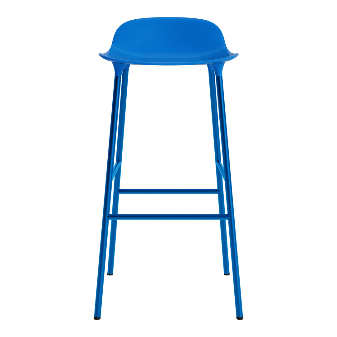 Bright blue bar stool with a sleek design and smooth surface. Ideal for modern decor.