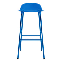 Bright blue bar stool with a sleek design and smooth surface. Ideal for modern decor.