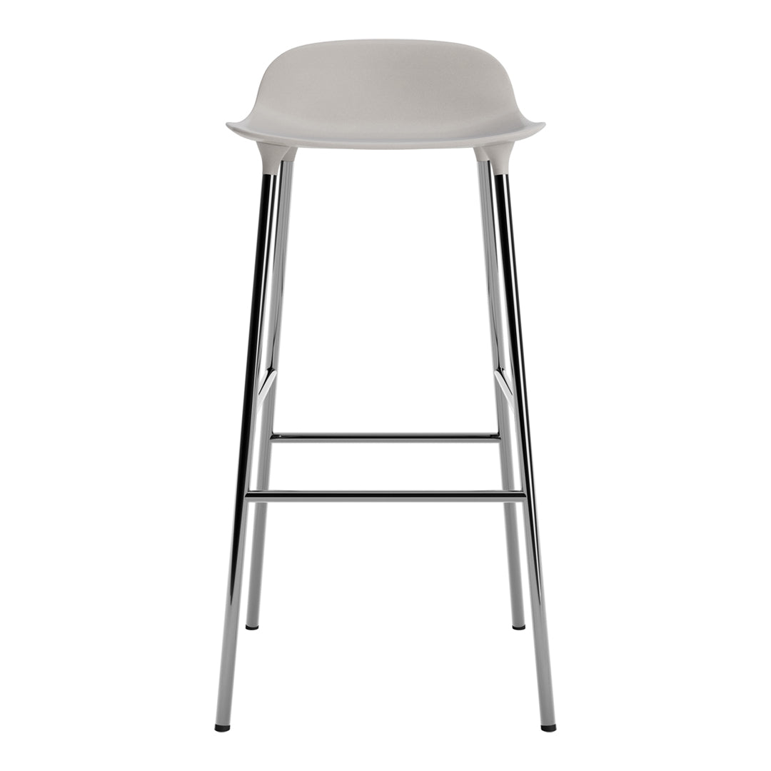 White plastic bar stool with sleek chrome legs, featuring a minimalist design for modern decor.