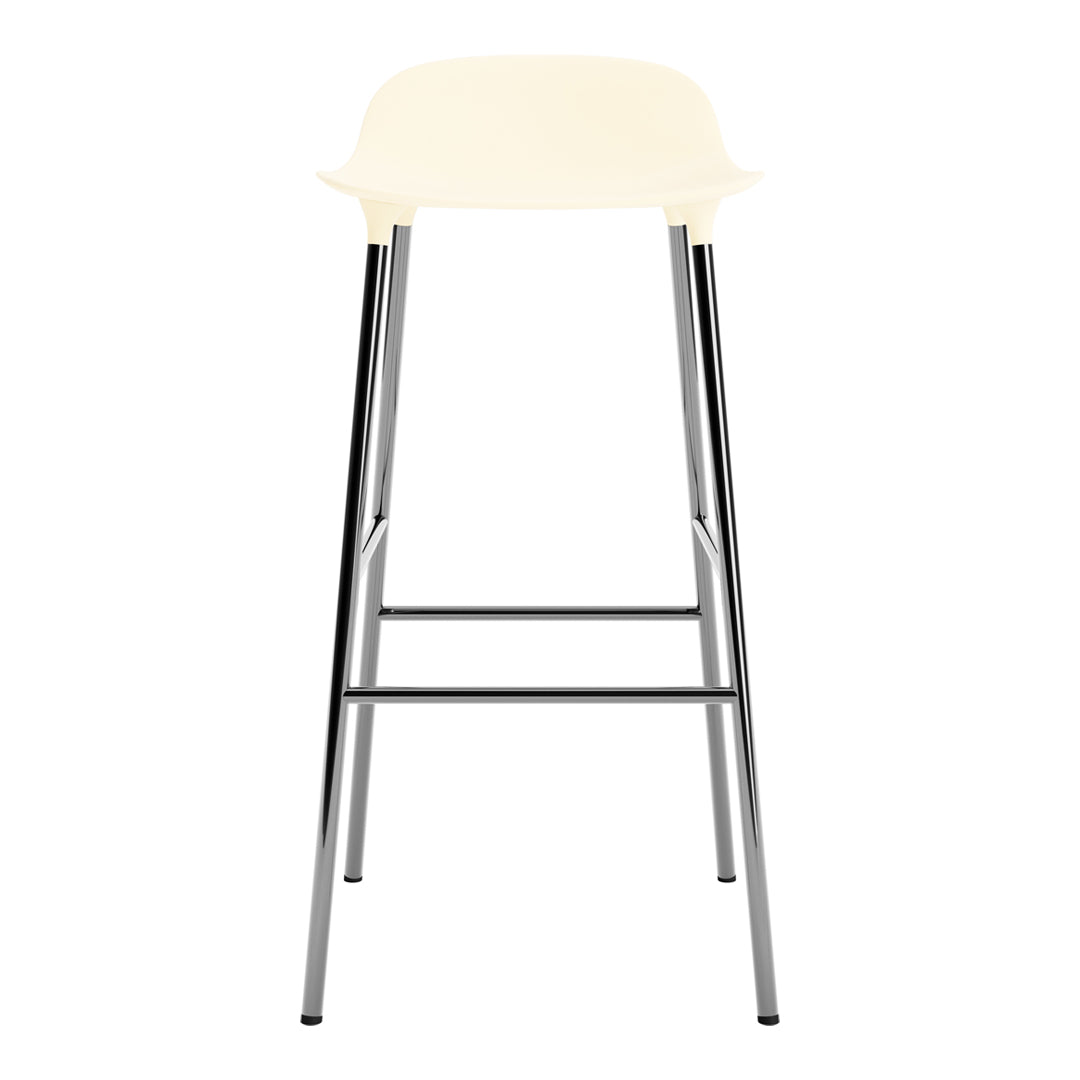 Cream-colored bar stool with sleek chrome legs and a minimalist design. Perfect for modern decor.