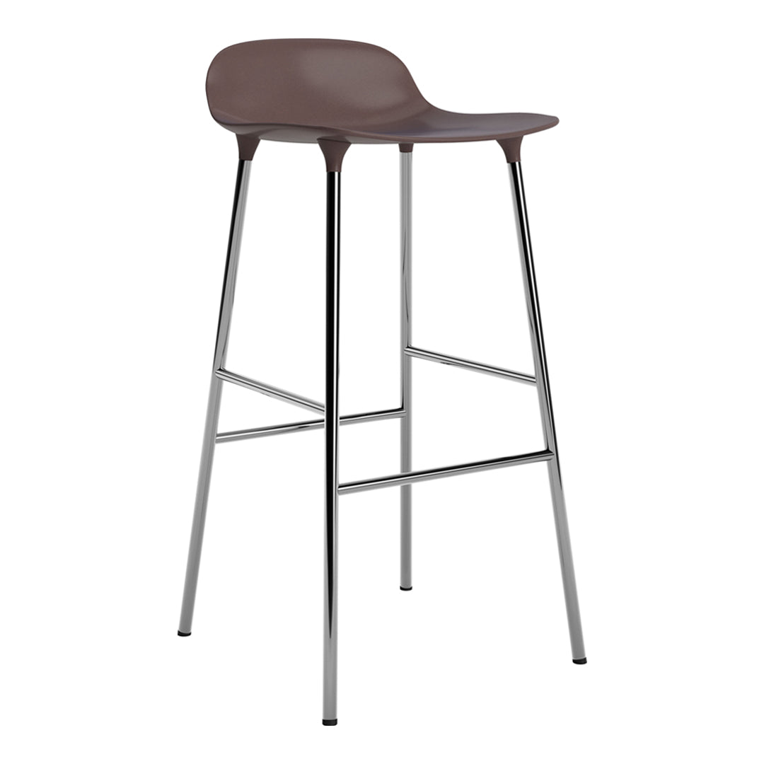 Brown molded seat bar stool with sleek chrome legs, perfect for modern decor. Simple and stylish design.