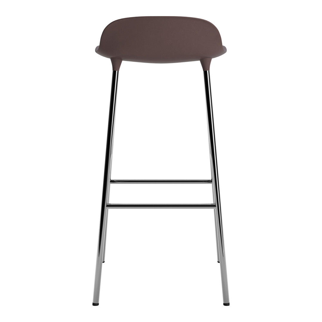 Brown bar stool with a sleek chrome frame, featuring a minimalist design and smooth finish.