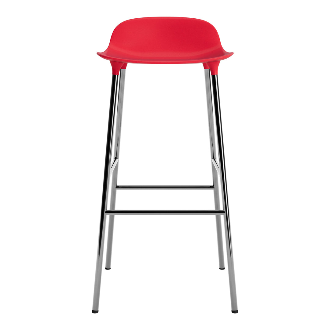 Red modern bar stool with a sleek chrome frame and minimalist design. Perfect for contemporary spaces.