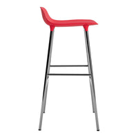 Red modern bar stool with a sleek chrome frame, perfect for stylish spaces.