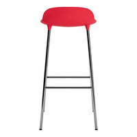 Red molded seat bar stool with sleek chrome legs, featuring a modern and minimalist design.