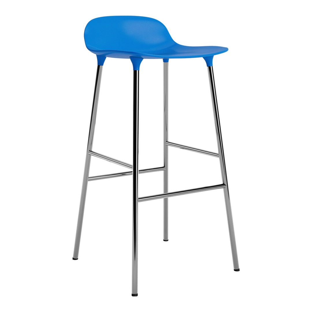 Blue barstool with a sleek chrome frame, featuring a smooth, modern design. Perfect for contemporary spaces.