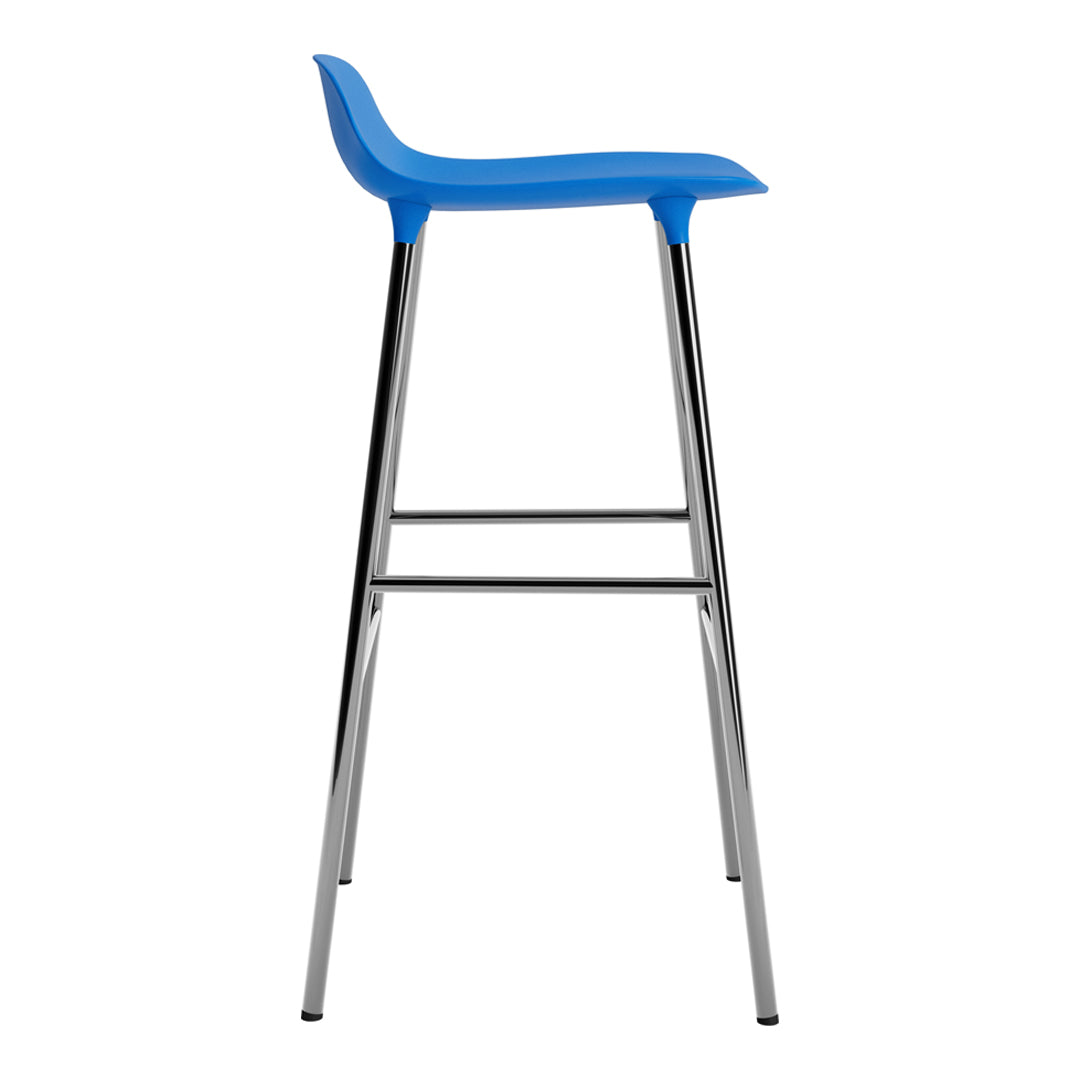 Blue plastic bar stool with a sleek chrome frame, featuring a modern and minimalist design.