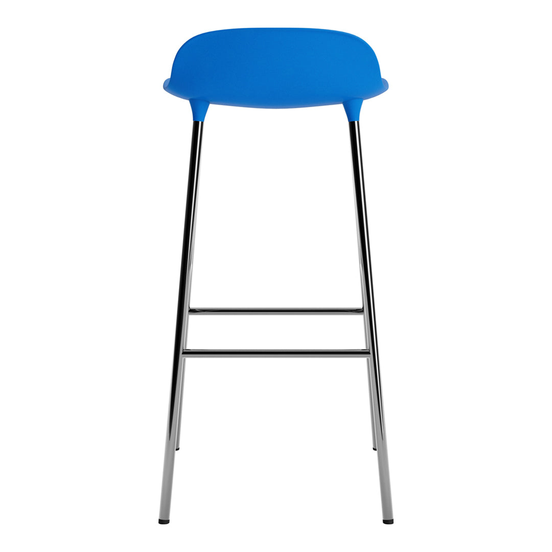 Blue bar stool with a sleek chrome frame, perfect for modern decor. Simple and stylish design.