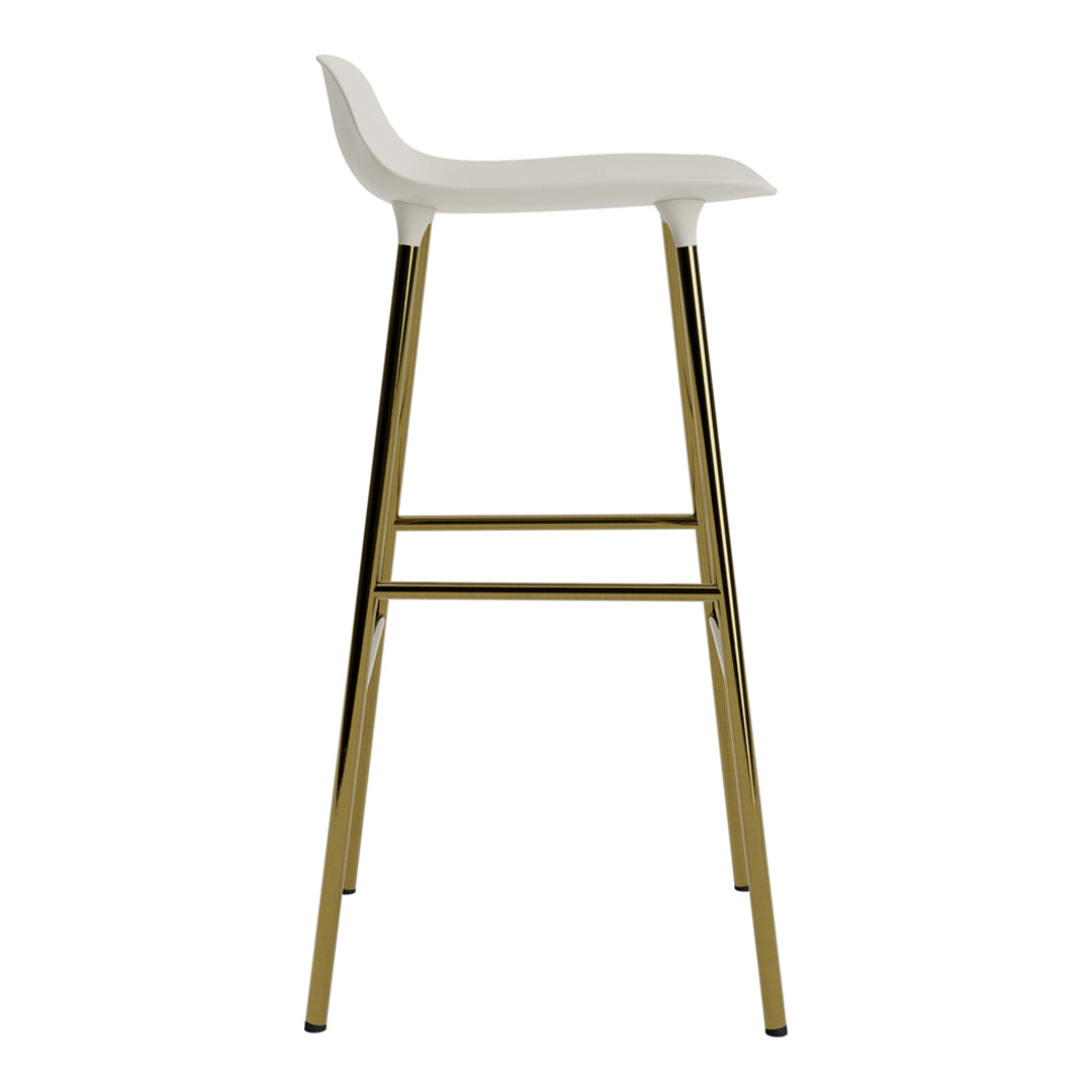 White bar stool with a sleek gold metal frame, featuring a minimalist design and smooth finishes.