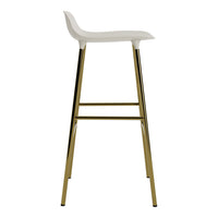 White bar stool with a sleek gold metal frame, featuring a minimalist design and smooth finishes.
