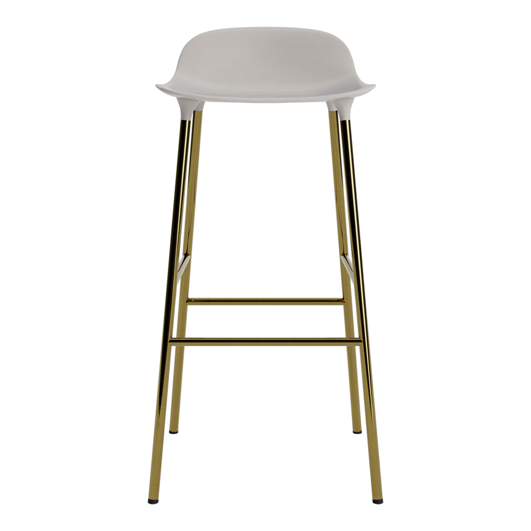 White bar stool with gold metal legs, featuring a sleek, modern design and smooth, minimalist contours.