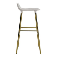 White modern bar stool with gold metal legs, featuring a sleek, minimalist design. Perfect for contemporary spaces.