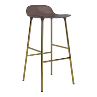 Brown bar stool with a sleek molded seat and gold metal legs, featuring a modern minimalist design.