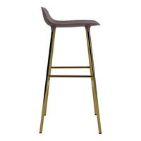 Modern bar stool in a sleek purple seat and gold metal legs, featuring a minimalist design. Perfect for contemporary decor.