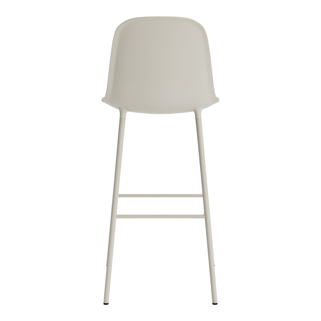 Light gray modern bar stool with a simple, smooth design and matching light-colored metal legs.