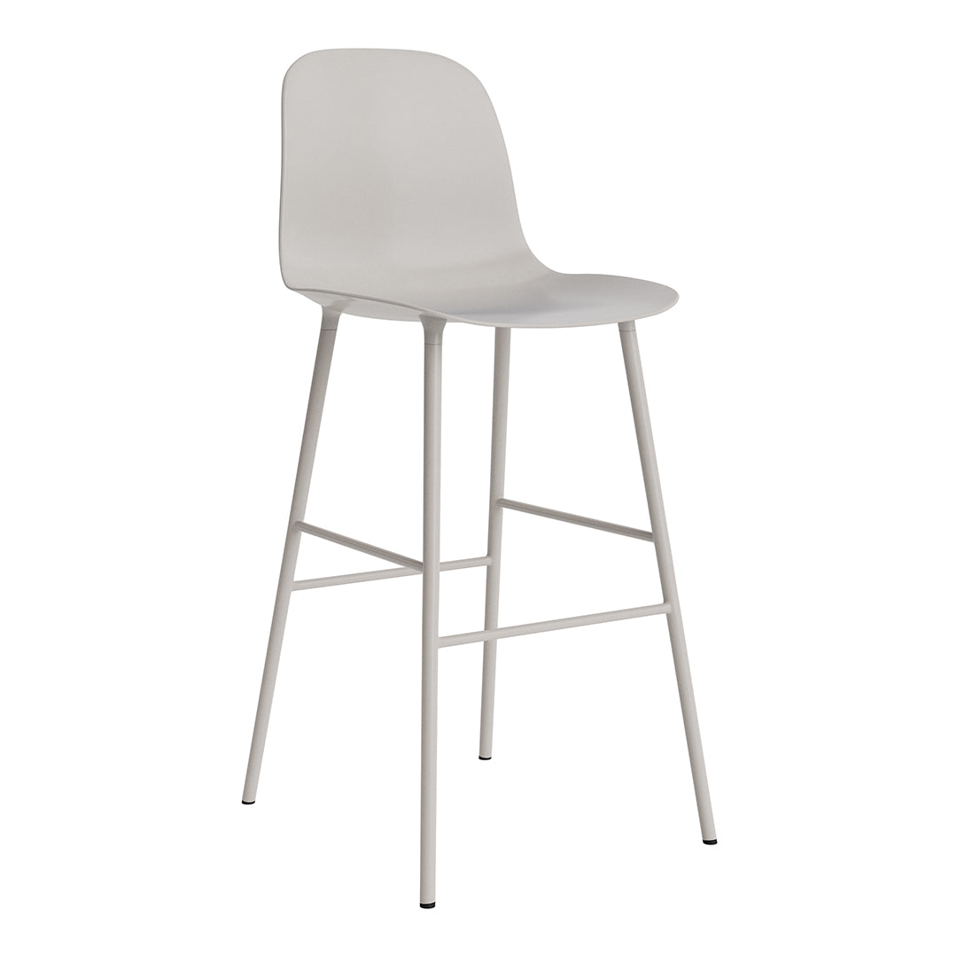 Light gray bar stool with a smooth, minimalist design and slender white legs, perfect for modern decor.