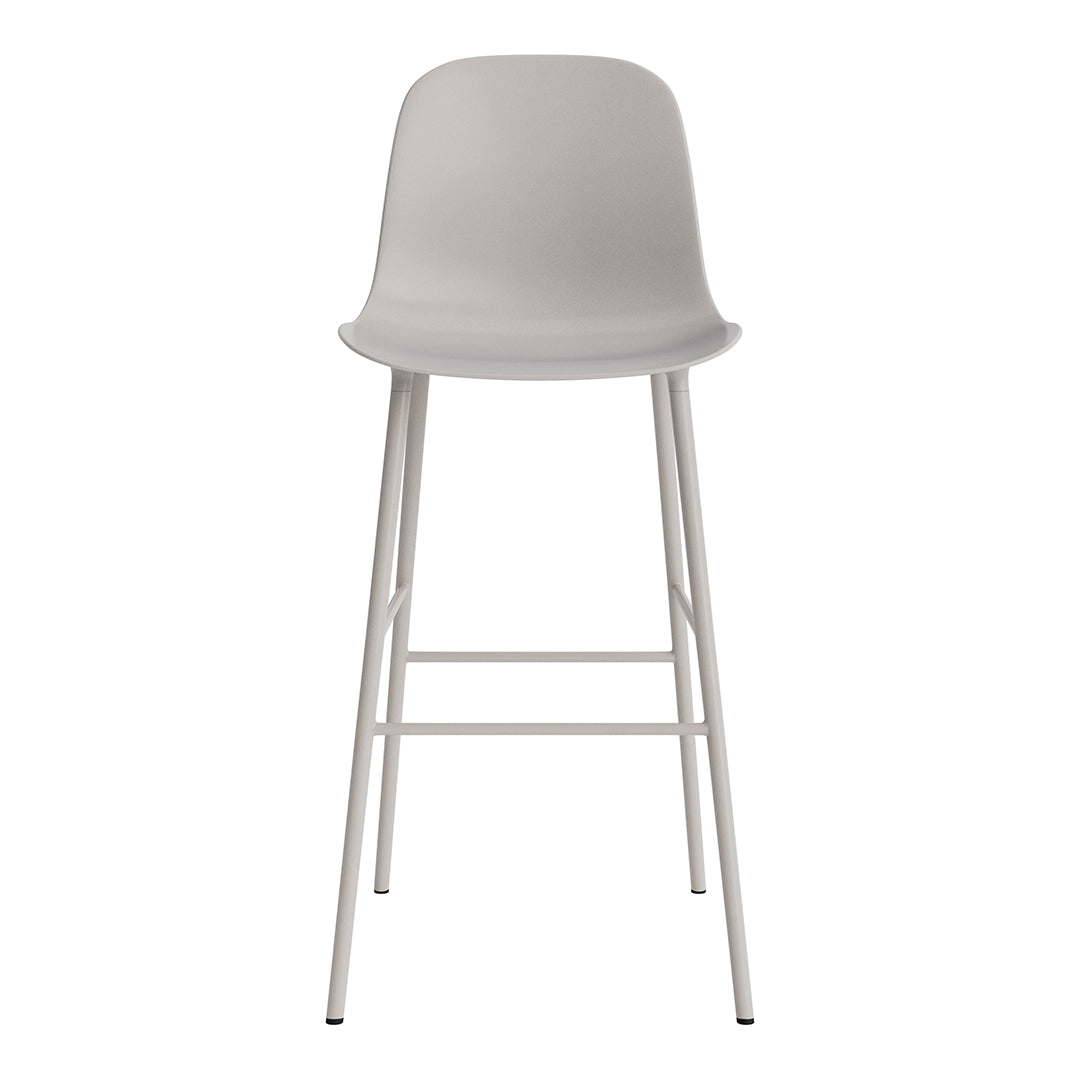Gray bar stool with a sleek, modern design and a smooth matte finish. Ideal for contemporary spaces.