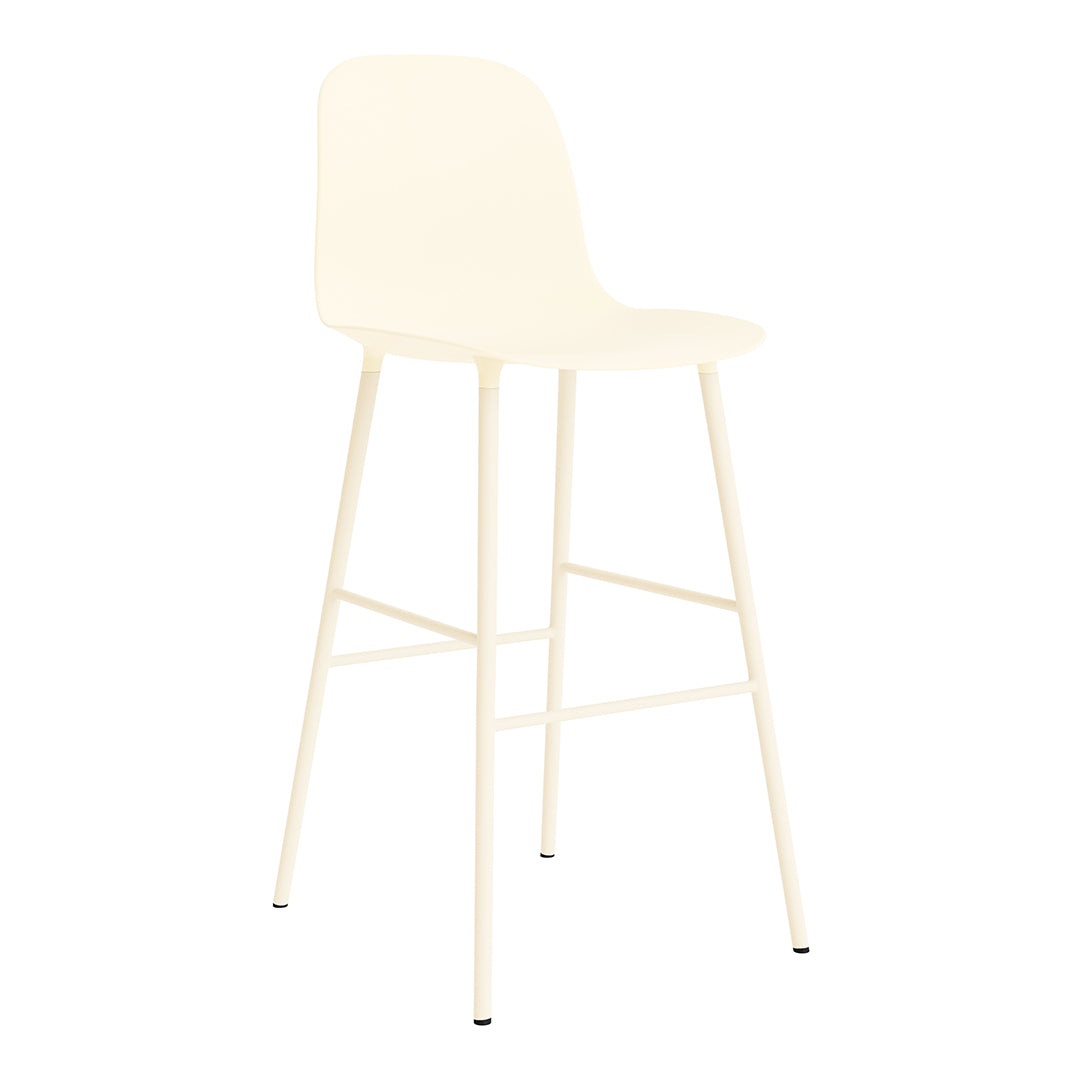Cream-colored bar stool with a smooth, minimalist design and slender metal legs. Ideal for modern decor.