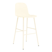 Cream-colored bar stool with a smooth, minimalist design and slender metal legs. Ideal for modern decor.