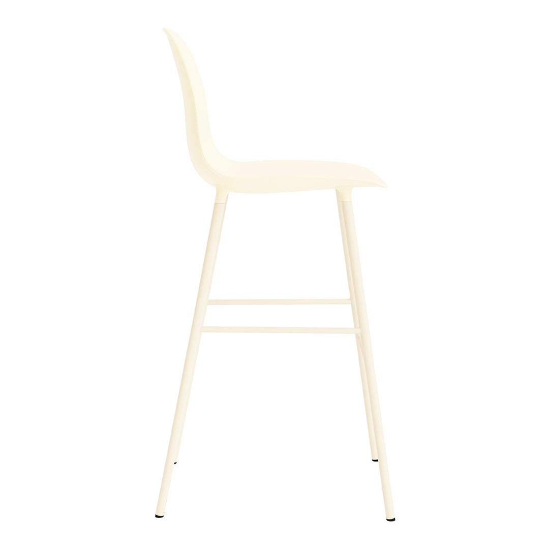 Cream-colored bar stool with a smooth, minimalist design and sleek metal legs. Perfect for modern interiors.