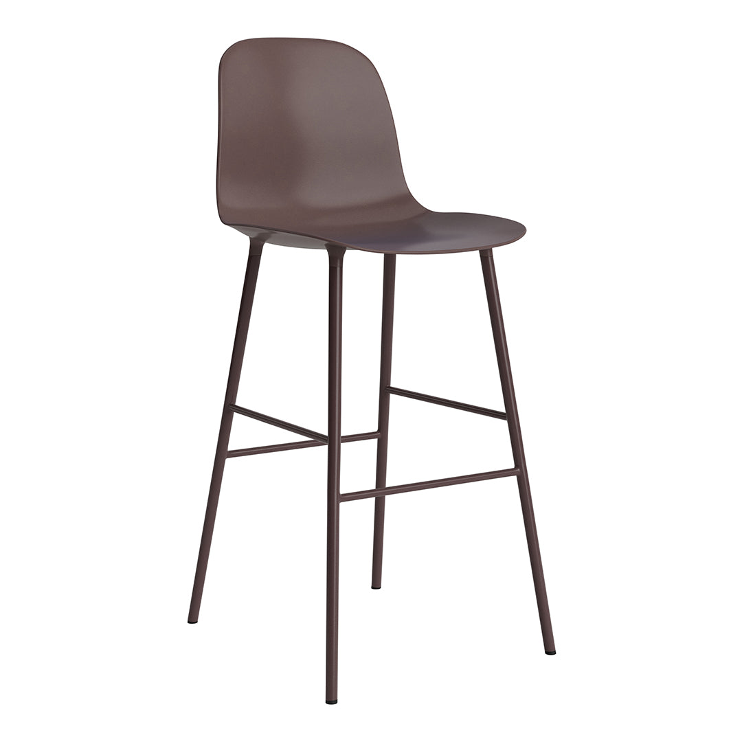 Brown molded plastic bar stool with sleek lines and minimalist design, featuring a matte finish and metal legs.