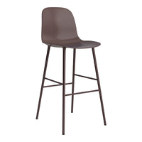 Brown molded plastic bar stool with sleek lines and minimalist design, featuring a matte finish and metal legs.