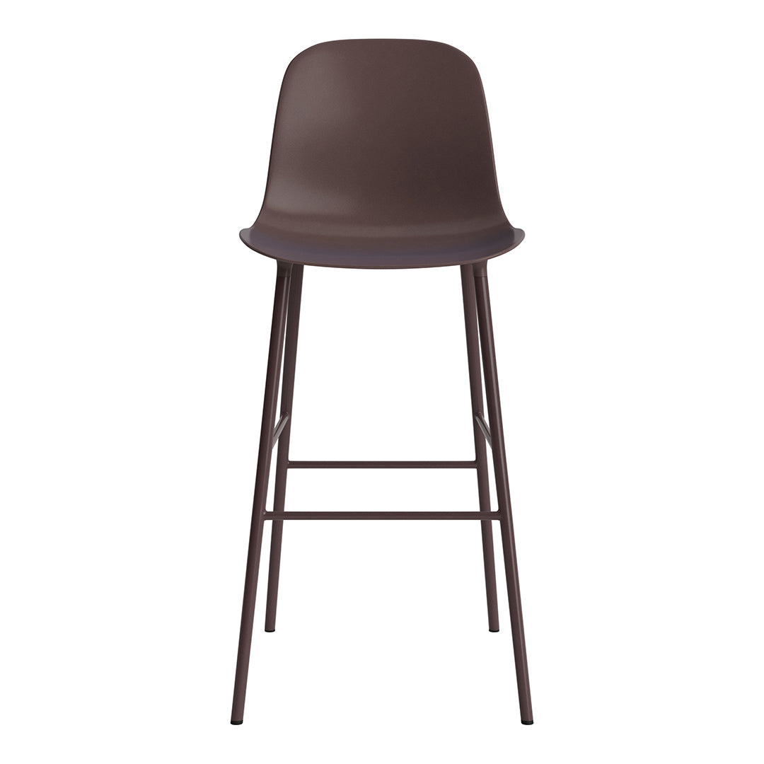 Brown bar stool with a sleek, modern design and minimalistic pattern. Ideal for contemporary spaces.