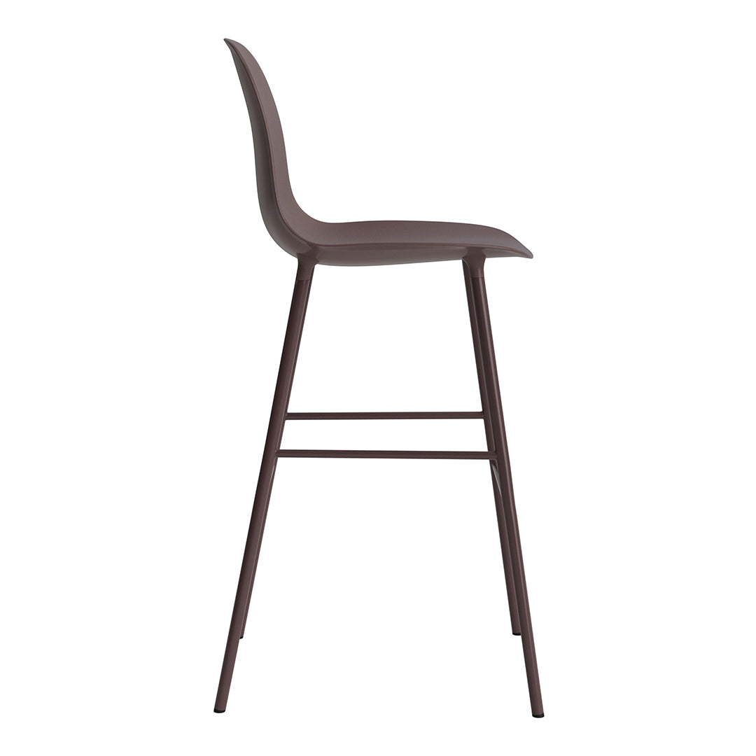 Modern brown bar stool with a sleek design and minimalist silhouette, featuring a solid color finish.