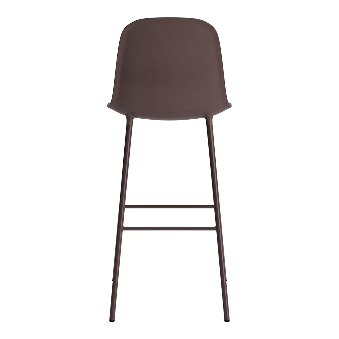 Brown high stool with a sleek, contoured seat and minimalist metal legs, perfect for modern interiors.