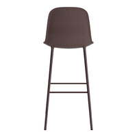 Brown high stool with a sleek, contoured seat and minimalist metal legs, perfect for modern interiors.