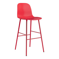 Bright red stool with a sleek, minimalist design and matching metal legs. Perfect for modern decor.