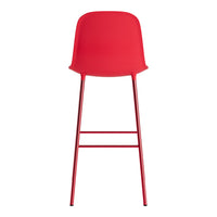 Bright red bar stool with a sleek design and minimalist aesthetic, featuring a solid color and no visible patterns.