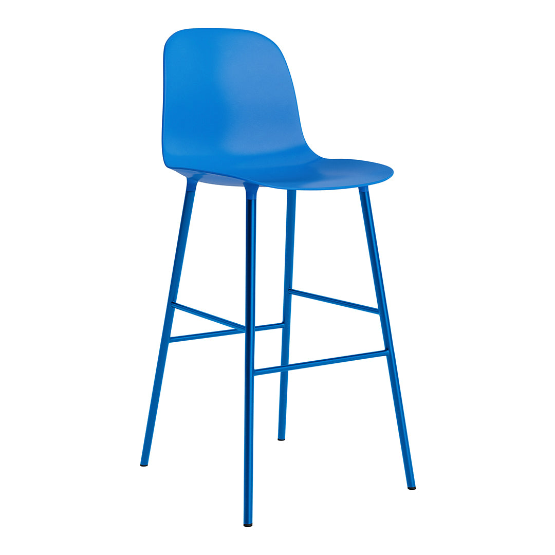 Bright blue bar stool with sleek, minimalist design and solid color finish. Perfect for modern home decor.