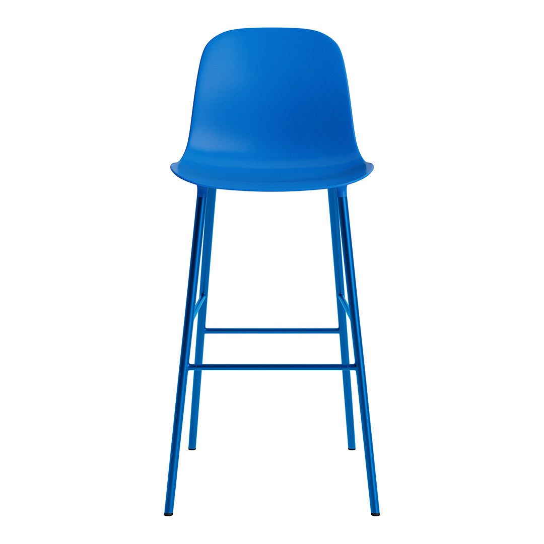 Vibrant blue bar stool with a smooth surface and sleek metal legs, perfect for modern decor.